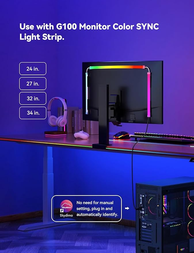 RGB Backlight for PC & Mac, LED Strip Light Sync with Screen Color or Music, Stick to The Edge of Your Desk, LEDs for Desk Gaming, USB Port, Software Control, 4.6ft / 1.6m