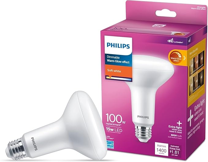 PHILIPS LED 100W BR30 4-Pack Soft White (2700K) 1400 Lumen (15W = 100W) Dimmable Frosted Flicker-Free Light Bulbs