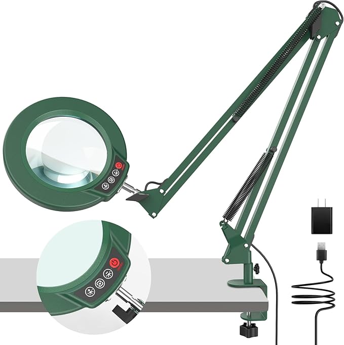 10X Magnifying Glass with Light and Clamp, Real Glass Stand Lighted Magnifier, 5 Color Modes Stepless Dimmable LED Desk Lamp Hands Free for Crafts Hobby Reading Painting Sewing Close Work Large Green