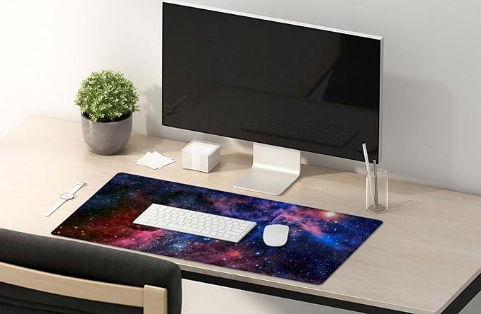 SSOIU Extended Gaming Mouse Pad (35.5x15.7 in), Large Non-Slip Rubber Base Mousepad with Stitched Edges, Waterproof Keyboard Mouse Mat Desk Pad for Work, Game, Office, Home - Nebula Space
