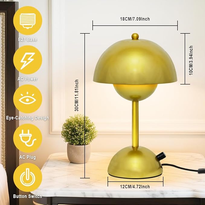 Mushroom Table Lamp with Golden Finish,Dimmable Desk Light with Rotary Knob for Bedroom Study Office Decor,30CM Adjustable Warm White Lighting,4W LED Minimalist Accent Lamp,E26 Bulb Included(G45)