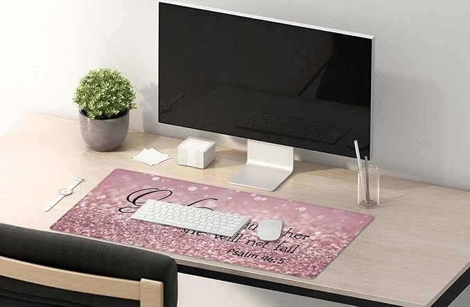 SSOIU Bible Verse Mouse Pad 35.5 X 15.7 Inch XXL Full Desk Mousepad Extended Large Non-Slip Rubber Base Waterproof Big Keyboard Mat with Stitched Edges - PSALM 46:5 God is Within Her,She Will not Fall