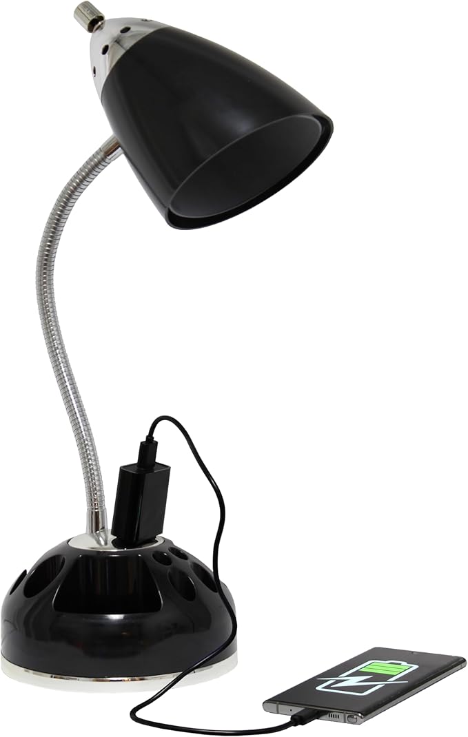 Simple Designs LD1015-BLK Flossy Organizer Desk Lamp with Charging Outlet and Lazy Susan Base, Black