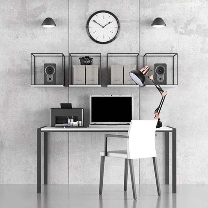 PowerKing Metal Swing Arm Desk Lamps, Adjustable and Flexible, Feading with Base and Clip 2-in-1 Function, Fit E26&E27 Bulbs Base, Application in Bedroom Living Room, Office Home (Black+Rose Gold)