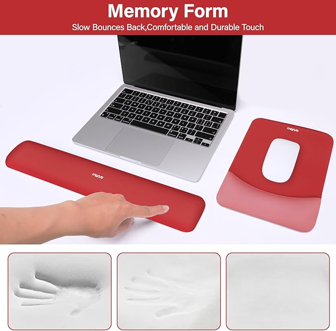 MOSISO Wrist Rest Support for Mouse Pad&Keyboard Set, Rectangular Ergonomic Mousepad Non-Slip Base Home/Office Easy Typing Pad with Neoprene Cloth&Raised Silicone Lining, Red