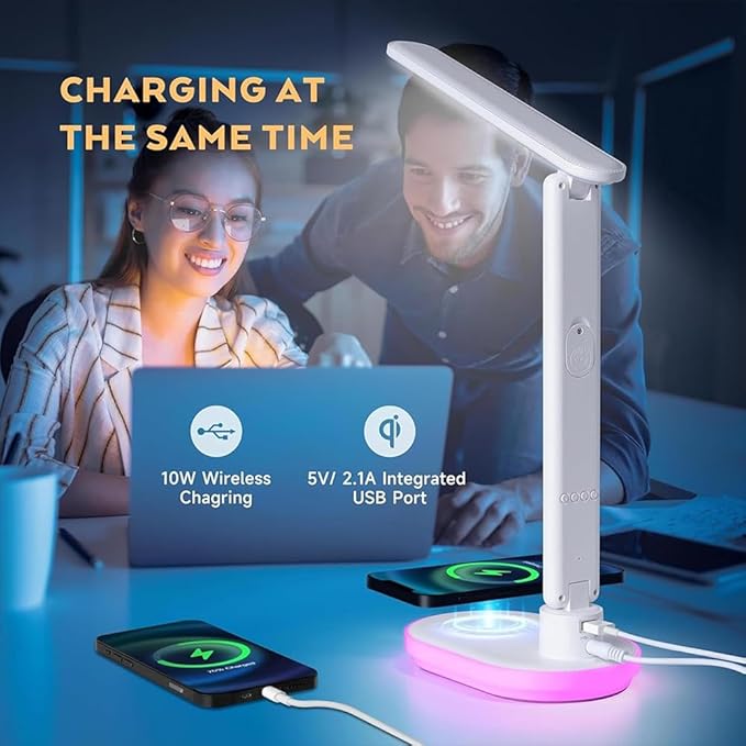 IHAO Luxury Multifunctional LED Desk Lamp10W Qi Wireless Charger Digital Alarm Clock Ambient Light & Temperature Display Adjustable Eye-Care Table Lamp with Leather Texture Design Table Lamp-U20 White