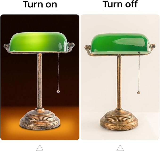 FIRVRE Bankers Desk Lamp with Pull Chain Switch, Green Glass Shade Desk Lamps, E26 Bronze Base, Vintage Library Lamp for Office, Study Room
