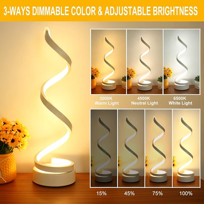 Modern Spiral Table Lamp, Dimmable Table Lamps for Bedroom, 12W LED Desk Lamp for Living Room, 3 Colors 10 Brightness Bedside Lamps Nightstand Lamps Desk Light for Nightstand, Office - White