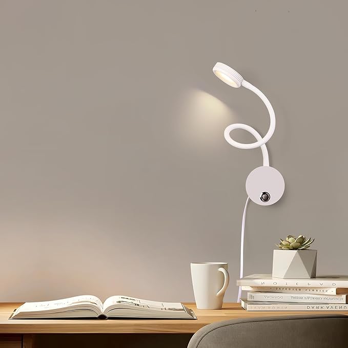 Dimmable LED Reading Lamps,Wall Mount Reading Lights for Bed Headboard,Flexible Gooseneck with Touch Dimmer Plug in Wired Sconce,3 Color Modes,10 Brightness Leves, USB Output(5V 2A), White 1 Pack