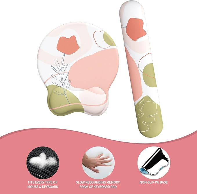 eulps Mouse Pad Wrist Support, Ergonomic Memory Foam Keyboard Wrist Pad & Gel Wrist Rest Set for Computer Keyboard for Easy Typing for Office & Home (Rose Set)