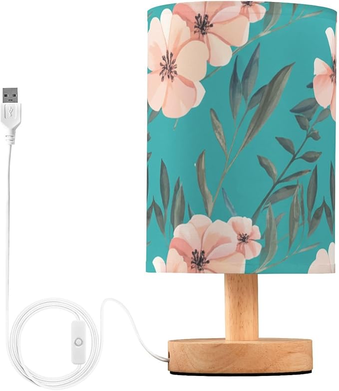 Pink Floral LED Table Lamp, Bedside Lamp with Linen Lampshade, Flicker-Free Eye Care USB Plug in Nightstand Lamp, for Bedroom and Office
