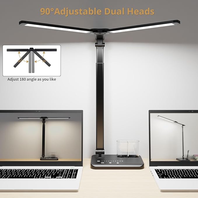 LED Desk Lamp, Dual Heads, Height Adjustable, USB Charging Port, 5 Light Modes & Dimmable Brightness, Bedside Lamp for Reading, Craft, Work, Study (Black, 15W)