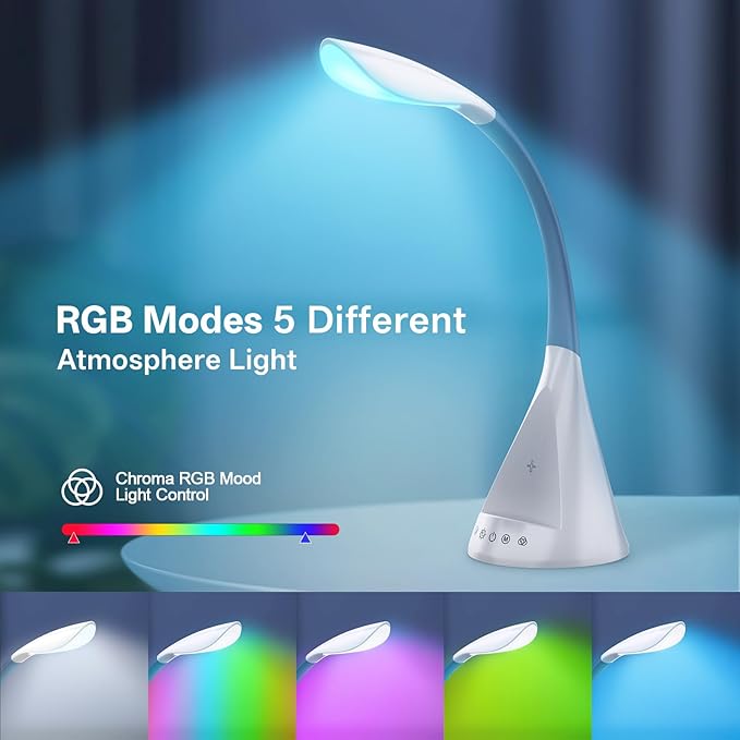 LED Desk Lamp with Touch Control and 360 Degree Gooseneck 9 Lighting Modes with 5 RGB Colors for Home Office Reading Light (White)