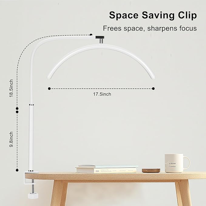 Professional Half Moon LED Desk Light for Nail Techs & Artists – Flexible Gooseneck Lamp with Clamp, 3 Color Modes & 5 Brightness Levels for Manicure, Tattoo, Beauty Work
