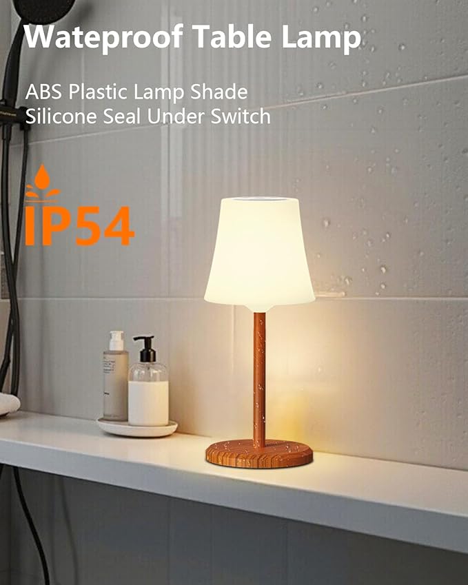 Cordless Shower Lamp IP54 Waterproof Outdoor Rechargeable Table Lamp 4000mah Small Battery Operated Lamps Touch Dimmable RGB Lamp for Bathroom Kitchen Restaurant Patio Camping, Wood Grain