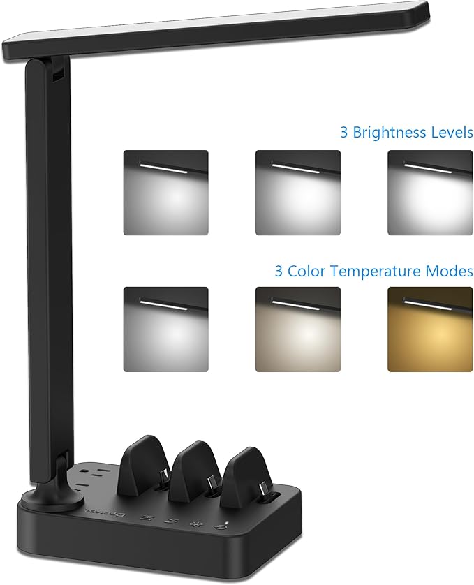 Drevet LED Desk Lamp, Touch Cotrol Small Table Lamp with 3 USB C Charger, 2 AC Power Outlet, 3 Light Modes, 3 Level Brightness and 1H Timer for Bedroom Bedside, Office, Home, Night Necessity, Black
