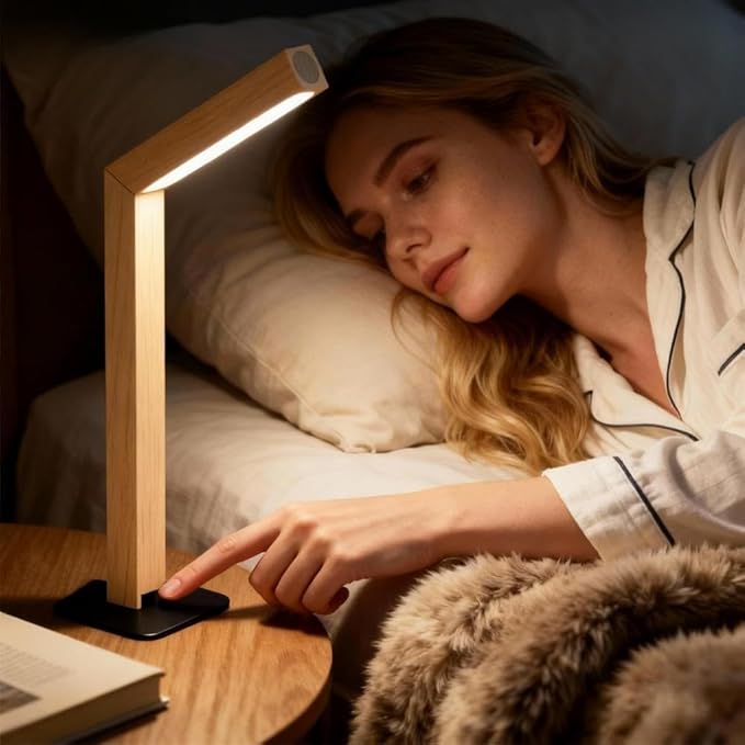 Wooden Desk Light ，Dimmable Desk Lamp for Home Office with USB Wireless Charging Port ，Touch Control RotatableDesk Adjustable Night Light(Beech Wood)
