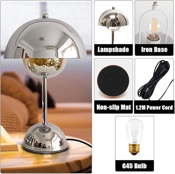 Silver Mushroom Table Lamp,3 Way Dimmable Touch Control Modern Desk and Bedside Lighting for Bedroom Office Living Room,Warm White 3000K G45 Bulb Included, Eye Caring Study Lamp for Home Decor