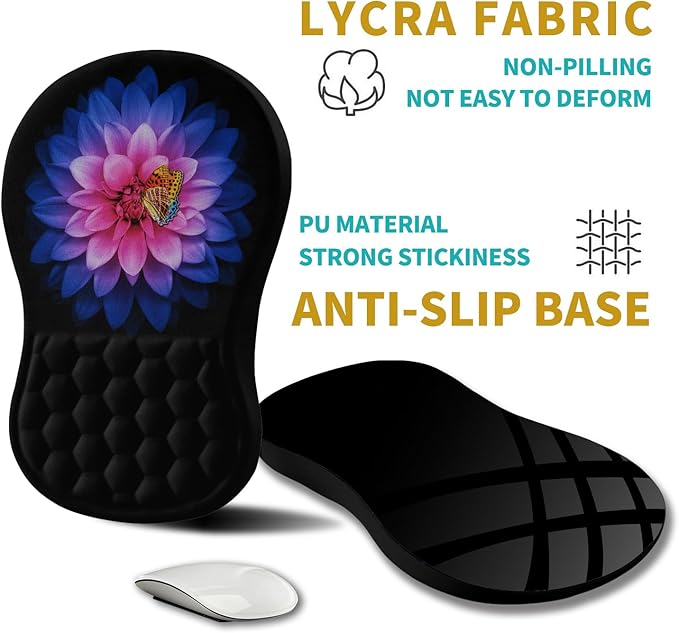Hokafenle Ergonomic Mouse Pad Wrist Support, Wrist Rest Mousepad for Carpal Tunnel with Integrated Memory Foam Slope Massage Bulge (11.8x7.9 inch,Butterfly Lotus Floral)