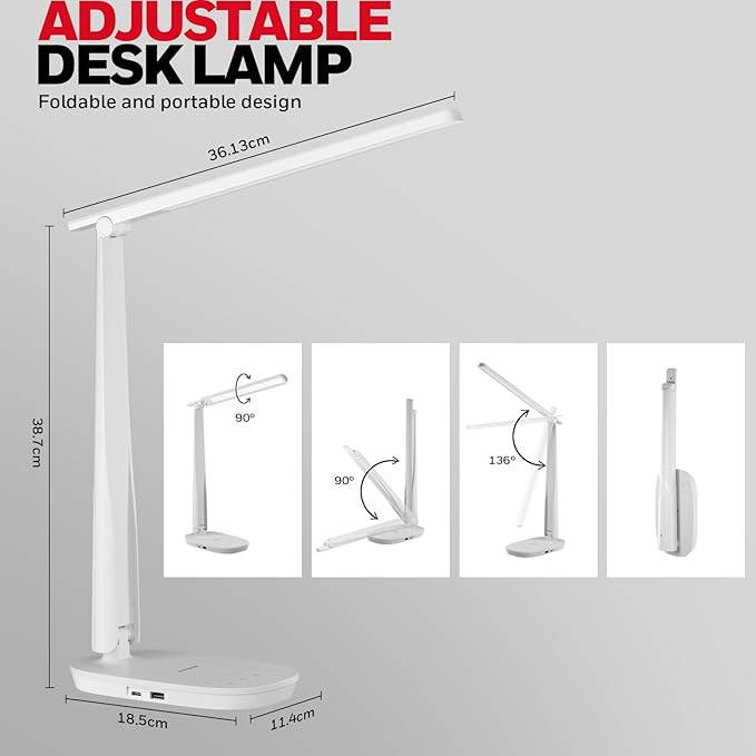 Honeywell HWT-H2 LED Desk Lamp, CRI94 Full Spectrum Eye-Caring Table Light, Foldable Dimmable 4 Color Modes with USB A+C Charging Ports for Home Office Bedroom Reading Study Work (White)