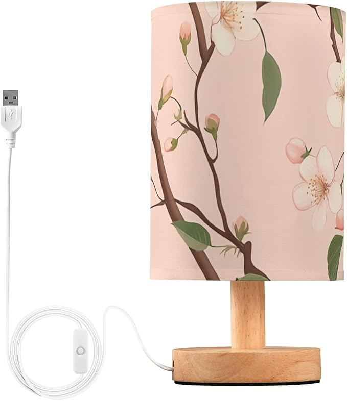Pink Floral LED Table Lamp, Bedside Lamp with Linen Lampshade, Flicker-Free Eye Care USB Plug in Nightstand Lamp, for Bedroom and Office