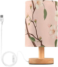 Pink Floral LED Table Lamp, Bedside Lamp with Linen Lampshade, Flicker-Free Eye Care USB Plug in Nightstand Lamp, for Bedroom and Office