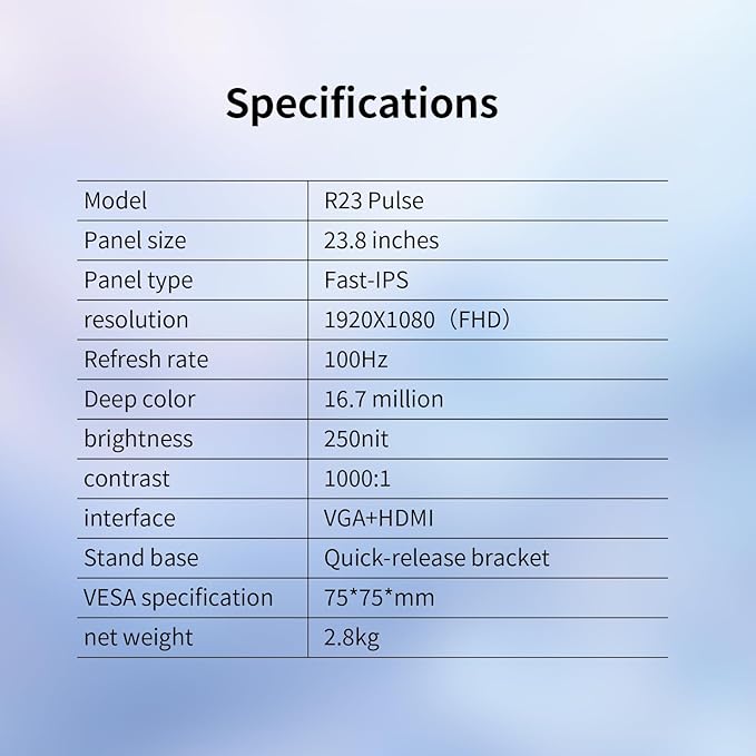 23.8 Inch Computer Monitor, FHD 1080P 100Hz Fast-IPS Gaming Monitor with Eye Care, 100% sRGB, Low Blue Light, VESA Mount, HDMI VGA Ports for Home Office (R23 Pulse)