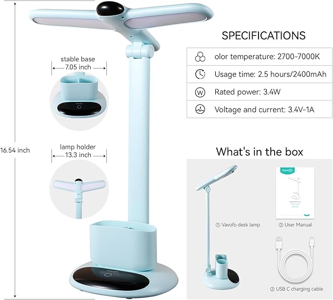 VAVOFO LED Desk Lamp 6785-2700-7000K Adjustable Color Temperature, 700 Lumens, Dual-Head Design, Pen Holder, USB-C Charging, 2400mAh Battery, 2.5hrs Wireless Use (Blue)