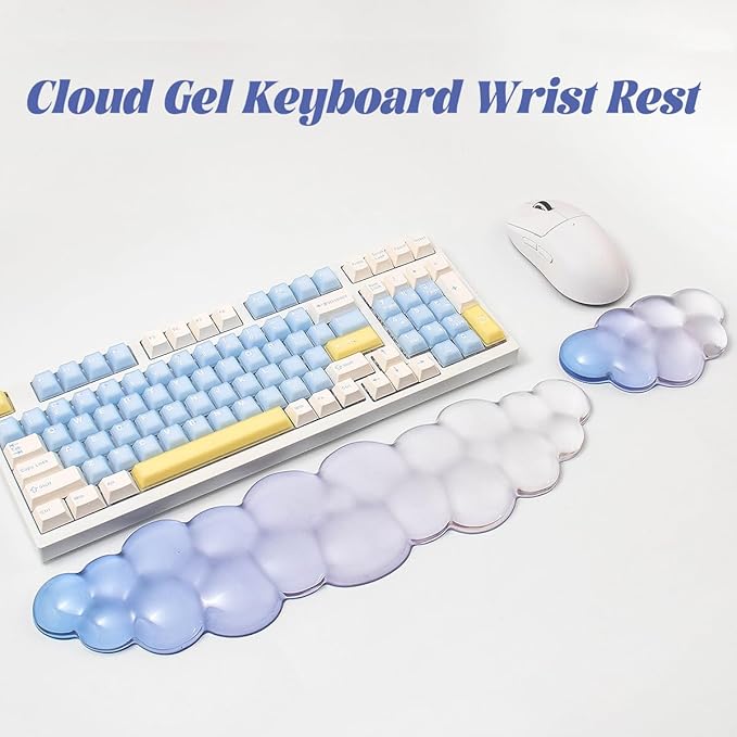 Gel Keyboard Wrist Rest Cloud Set, Clear Ergonomic Wrist Support and Arm Support Keyboard Rest for Typing Pain Relief, with Non-Slip Soft Washable Wrist Rest(Blue White)