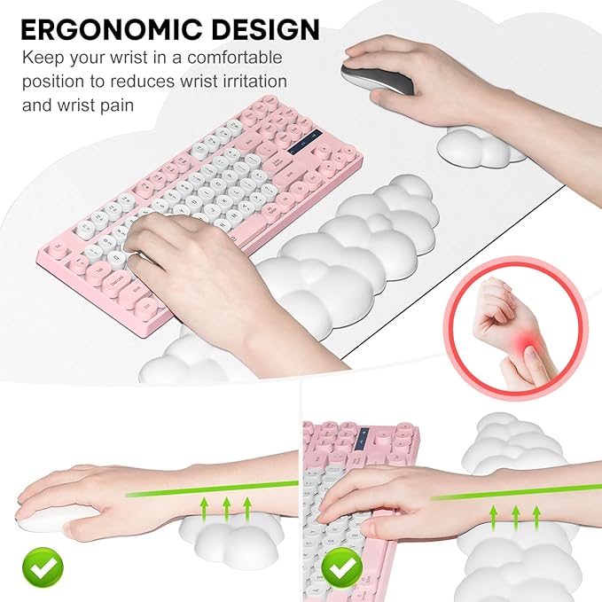 JIKIOU Large Cloud Mouse Pad Waterproof with Cloud Keyboard Wrist Pad and Cloud Mouse Wrist Pad Set, Ergonomic Computer Desk Wrist Support Mousepad for Keyboard and Mouse White