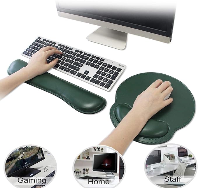 RICHEN Ergonomic PU Leather Keyboard Wrist Rest and Mouse Pad with Wrist Support, Memory Foam Set for Computer/Laptop,Gaming and Office, Comfortable for Easy Typing (Dark Green)
