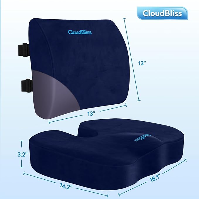CloudBliss Seat Cushion, Office Chair Cushions, Car Seat Cushion, Lumbar Support Pillow for Office Chair, Back Support Memory Foam Pillow Coccyx Cushion for Ergonomic Sitting Support - Blue