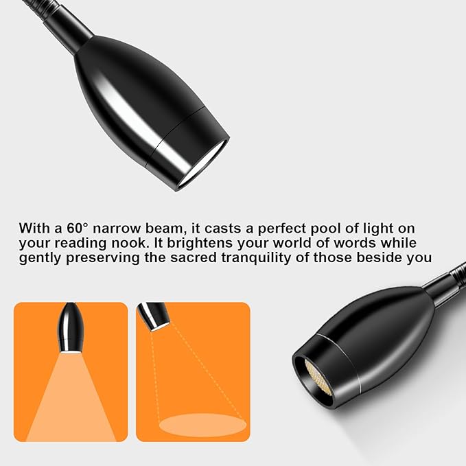 ERAY LED Wall Mounted Reading Light, Bedside Reading Lights for Bed with Touch Control, 3 Dimmable, 360°Flexible Gooseneck Headboard Book Reading Lamp Wall Sconce, 3000k-6000k-2 Pack