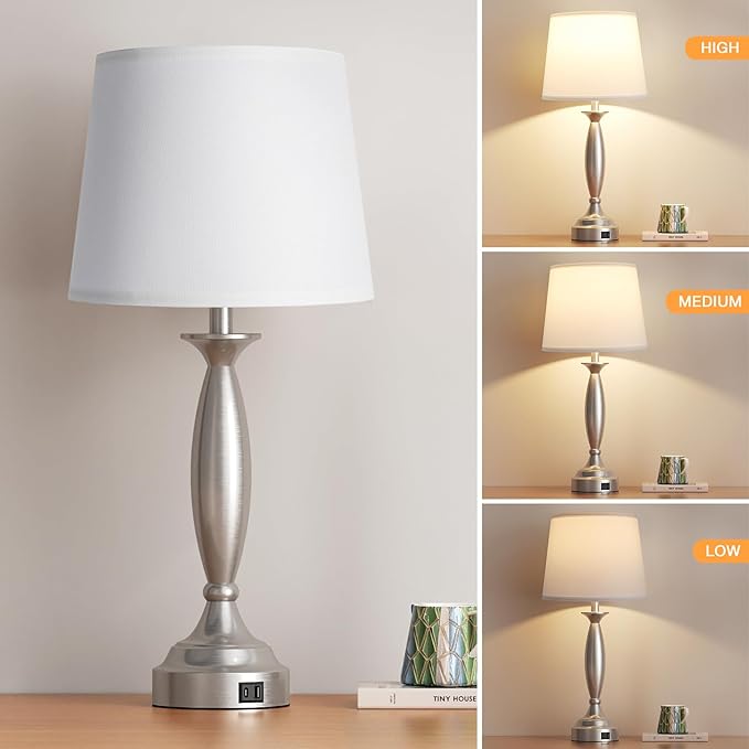 Seealle 25.5" White Lamps for Bedrooms Set of 2 - Touch Control Bedside Lamp with USB C+A, 3 Way Dimmable Nightstand Lamps with USB Port, Table Lamp for Living Room(White Shade and Nickel Base)