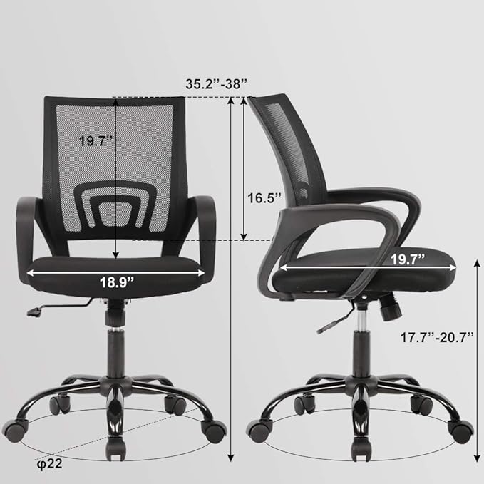 BestOffice | Ergonomic Office Chair | Mid-Back Swivel Desk Chair | Breathable Backrest & Lumbar Support | Adjustable Height | Sponge Seat | Rolling Wheels | Black | for Adults & Women | Pack of 2