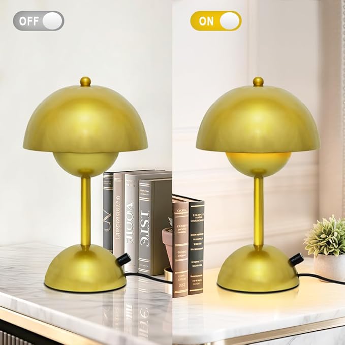 Mushroom Table Lamp with Golden Finish,Dimmable Desk Light with Rotary Knob for Bedroom Study Office Decor,30CM Adjustable Warm White Lighting,4W LED Minimalist Accent Lamp,E26 Bulb Included(G45)