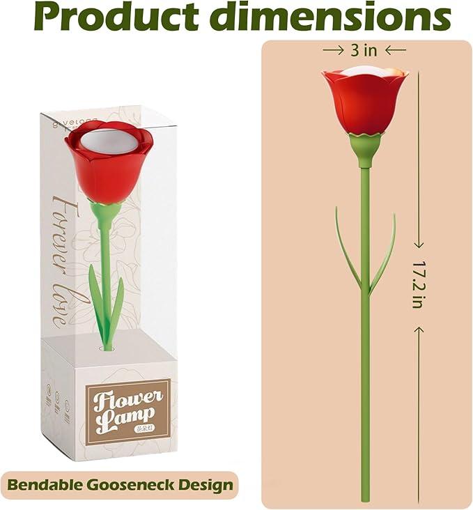 Rose Flower Lamp Rechargeable Reading Light for Bed,3-Color Modes Adjustable Brightness Small Night Light Neck Reading Light,Festival Gifts for Kids Mom Girlfriend Grandma(Red)