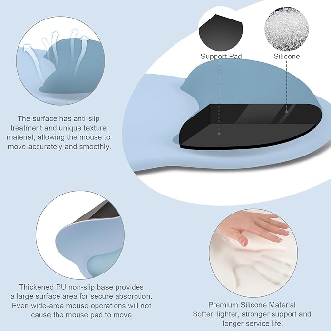 MOSISO Wrist Rest Support for Mouse Pad&Keyboard Set, Circle Curved Ergonomic Mousepad&Coaster Non-Slip Base Home/Office Wrist Support&Easy Typing Pad with Soft Cloth&Silicone Lining, Air Blue