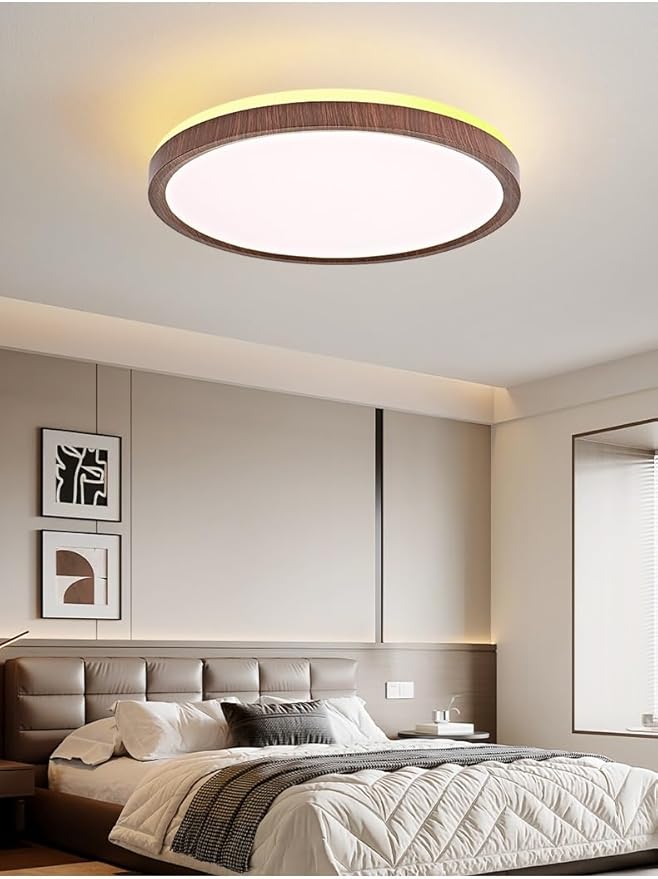 Ultra-Thin LED Ceiling Light for Bedroom, Wood Grain Finish, Flush Mount, Asian-Inspired Design, Flicker-Free & Dimmable, Eye Care Lighting(Walnut Color,11.81 * 11.81 * 1.77inch)