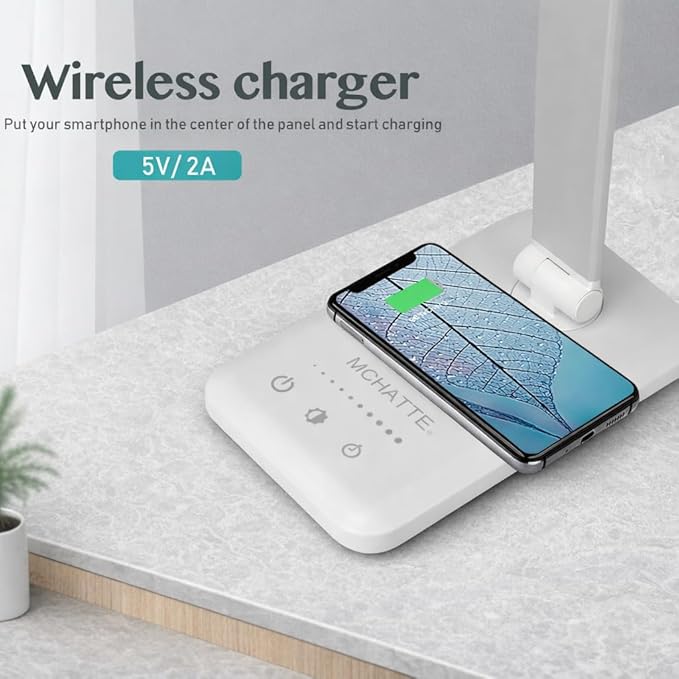 LED Desk Lamp with Wireless Charger & USB Charging Port，Dimmable Table Lamp Reading Lamp for Home Office，5 Color Modes,5 Brightness,Touch Lamp for Study、Office、Bedroom，30/60 Minutes Timer