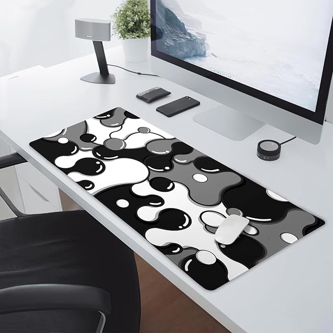 aportt Black White Grey Mouse Pad XL Large Anime Cool Geometric Japanese Extended Desk Mat 60x35 CM Non-Slip Rubber Base Stitched Edge Large Mousepad for Desk Gaming Laptop Desktop,24x14 Inch