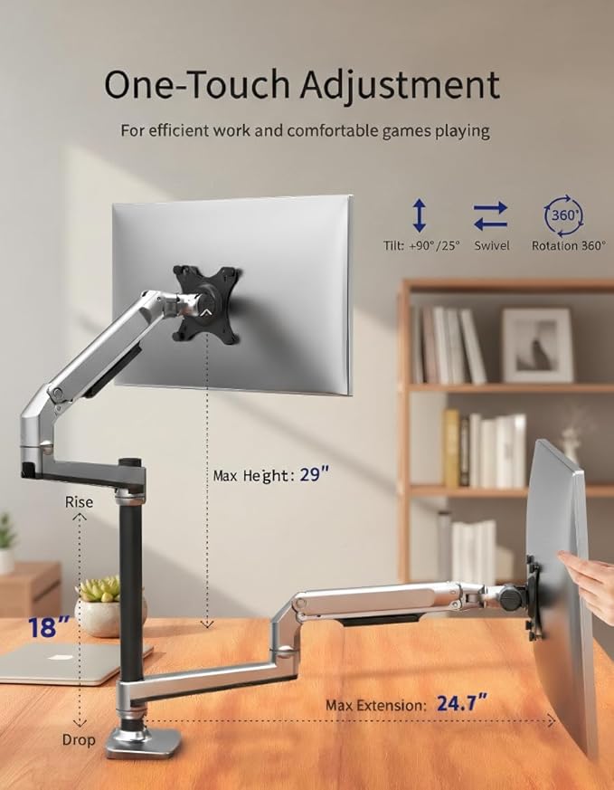 Premium Dual Monitor Stand for Desk, High-Grade Aluminum Stacked Monitor Arm with Heavy-Duty Mechanical Spring, Adjustable Vertical Double Monitor Mount for 13-40 inch Screens, Silver