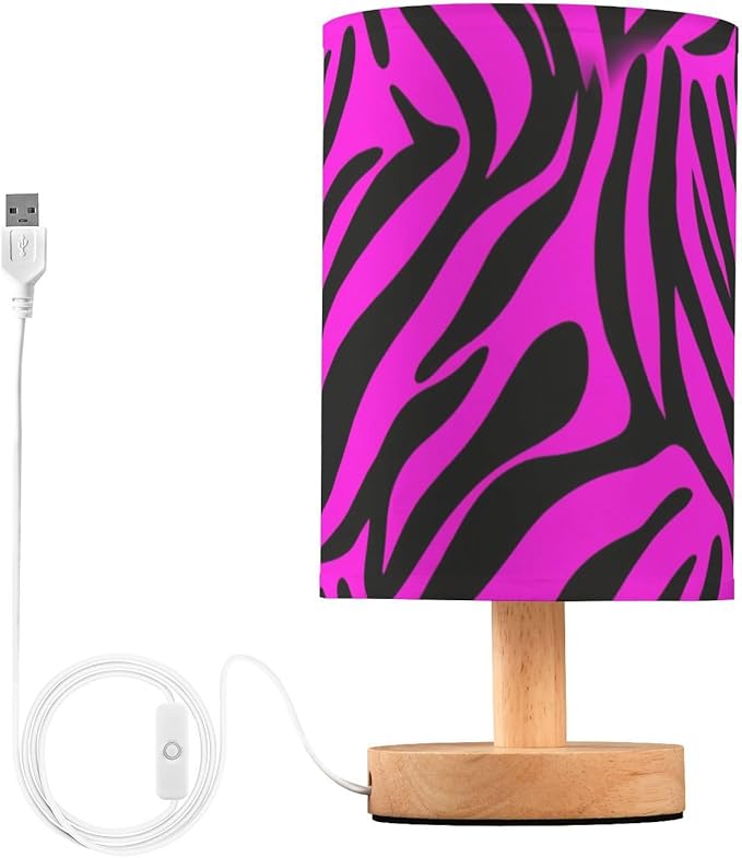 Pink Zebra LED Table Lamp, Bedside Lamp with Linen Lampshade, Flicker-Free Eye Care USB Plug in Nightstand Lamp, for Bedroom and Office