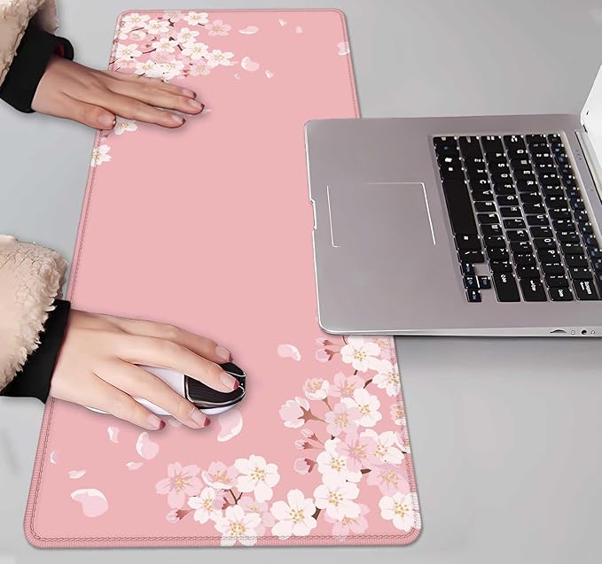 IMAYONDIA Pink Japanese Desk Mat, Cherry Blossom Large Gaming Mouse Pad, Non-Slip Rubber Base Mousepad for Women, Desk Pad for Work, Game, Office, 31.5x11.8 Inch- Sakura Flowers Aesthetic