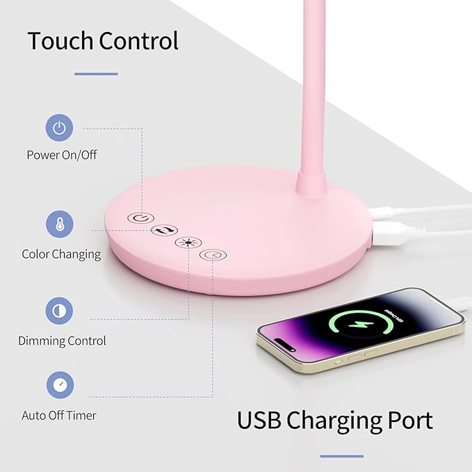 AXX TU08 Pink Cute Desk Lamp with USB Charging Port, 650 Lumens 3-Color Modes, 5-Touch Dimming, 30/60-Minute Timer, 18-Inch LED Small Table Light for Kids Teen Girls, College Dorm Room Essentials