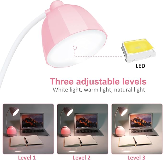 LED Desk Lamp with Night Light, 7 Color Changing Modes & USB Charging Port, Adjustable Gooseneck Bedside Table Lamp for Home Office Study, Gift for Women Students, Pink