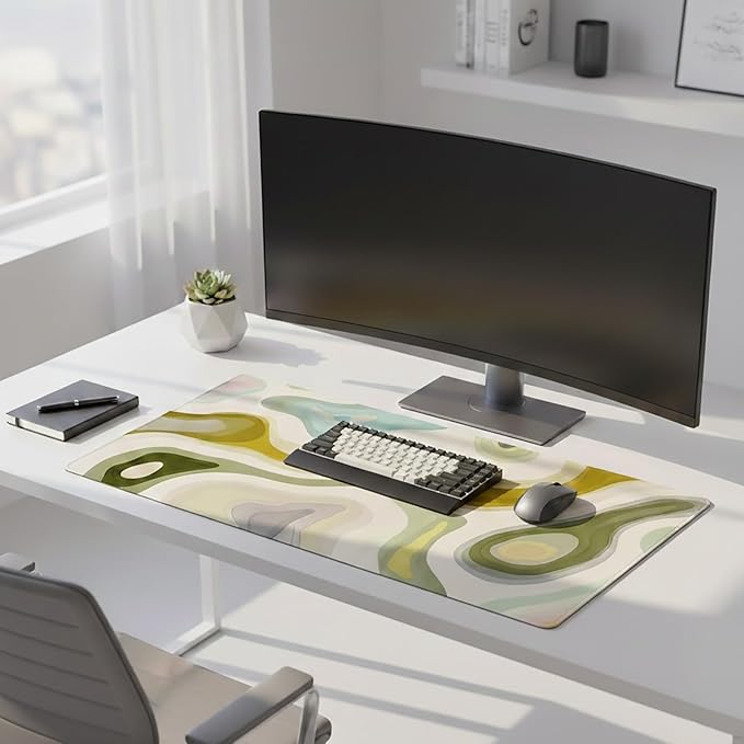 AQQA Large Gaming Mouse Pad 31.5x15.7 Inch, Abstract Desk Mat with Non-Slip Base & Stitched Edge, Green Cute Keyboard Mat for PC Desktop, Office Home Decor, Modern Colorful Design