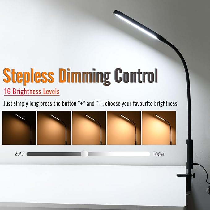 Clamp Lamp, Ultra Bright Clip on Light, CRI>95,18W, 3000 LMS, 3 Color Modes, Soft Touch Control with Timer, Eye-Caring Task Lamp with Remote for Reading, Home, Office (Adapter Included)