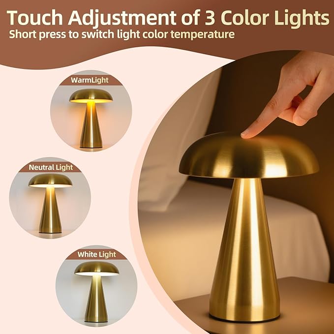 Portable LED Desk Lamp, 5000mAh Rechargeable Battery, 3-Color Touch Control, Cordless Table Lamp with Stepless Dimming, Modern Bedside Lamp for Bedroom, Living Room, and Dining Room (1-Pack Gold)