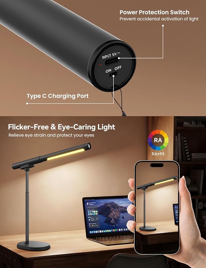 Cordless Desk Lamp, Magnetic LED Work Light, Rechargeable Battery Powered Lamp, Dimmable Brightness & 3 Color Modes, Wireless Table Lighting for Reading, Bed, Flashlight with Signal Light for Camping